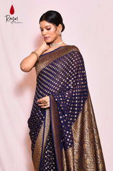 Navy Blue Pure Khaddi Georgette Silk Banarasi Handloom Saree With Antique Zari Booti